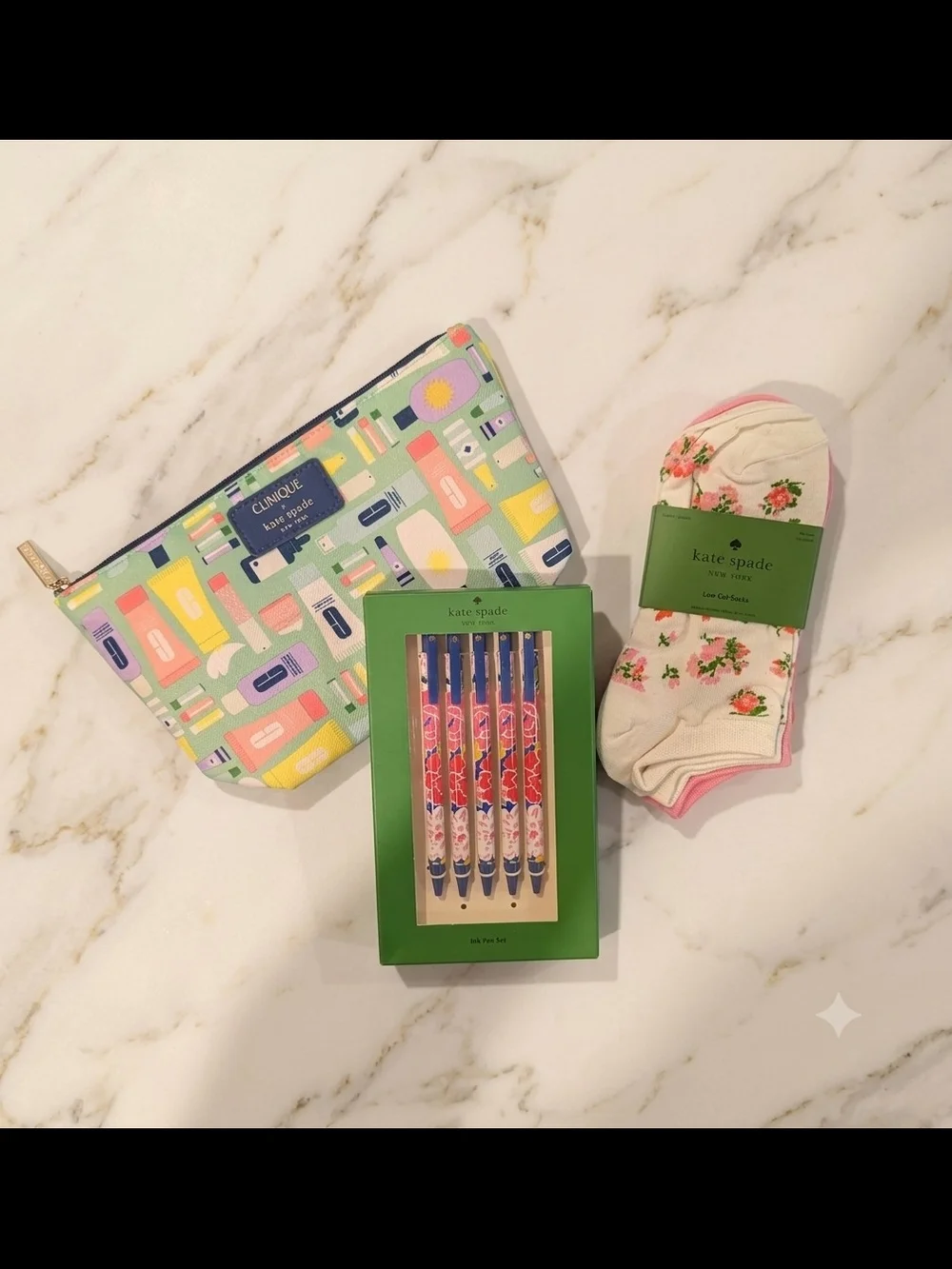 kate spade Trio - KS X Clinique Cosmetic Bag, KS Socks, And KS Pens